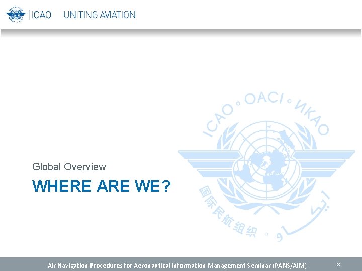 Global Overview WHERE ARE WE? Air Navigation Procedures for Aeronautical Information Management Seminar (PANS/AIM)