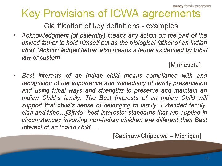 Key Provisions of ICWA agreements Clarification of key definitions - examples • Acknowledgment [of