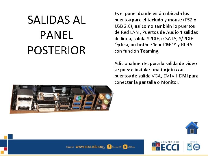 SALIDAS AL PANEL POSTERIOR Es el panel donde están ubicada los puertos para el