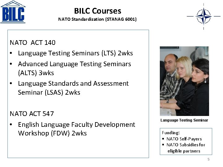 BILC Courses NATO Standardization (STANAG 6001) NATO ACT 140 • Language Testing Seminars (LTS)