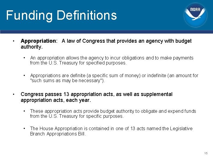 Funding Definitions • • Appropriation: A law of Congress that provides an agency with Funding Definitions • • Appropriation: A law of Congress that provides an agency with