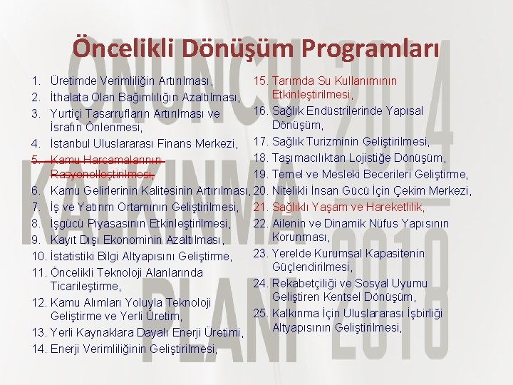 Öncelikli Dönüşüm Programları 1. Üretimde Verimliliğin Artırılması, 15. Tarımda Su Kullanımının Etkinleştirilmesi, 2. İthalata