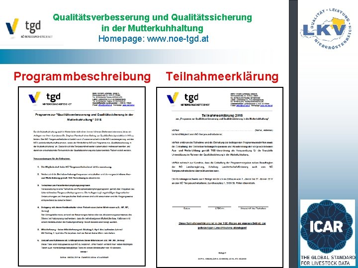 Qualitätsverbesserung und Qualitätssicherung in der Mutterkuhhaltung Homepage: www. noe-tgd. at Programmbeschreibung Teilnahmeerklärung 