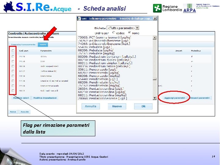 - Scheda analisi Flag per rimozione parametri dalla lista Data evento: mercoledì 04/04/2012 Titolo