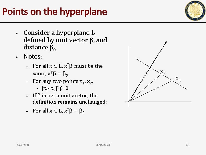 Points on the hyperplane • • Consider a hyperplane L defined by unit vector