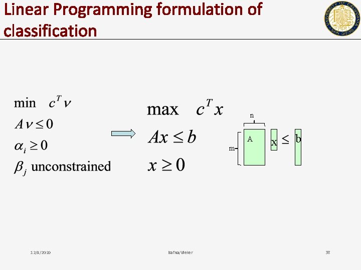 Linear Programming formulation of classification n A m 12/8/2020 Bafna/Ideker x b 38 