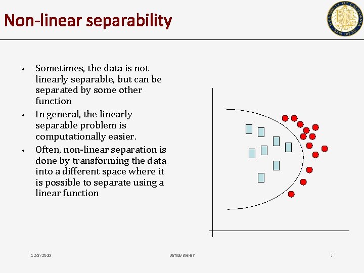 Non-linear separability • • • Sometimes, the data is not linearly separable, but can