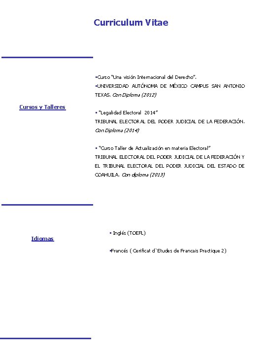 Curriculum Vitae §Curso “Una visión Internacional del Derecho”. §UNIVERSIDAD AUTÓNOMA DE MÉXICO CAMPUS SAN