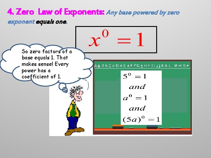 4. Zero Law of Exponents: Any base powered by zero exponent equals one So