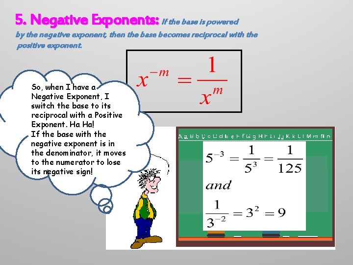 5. Negative Exponents: If the base is powered by the negative exponent, then the