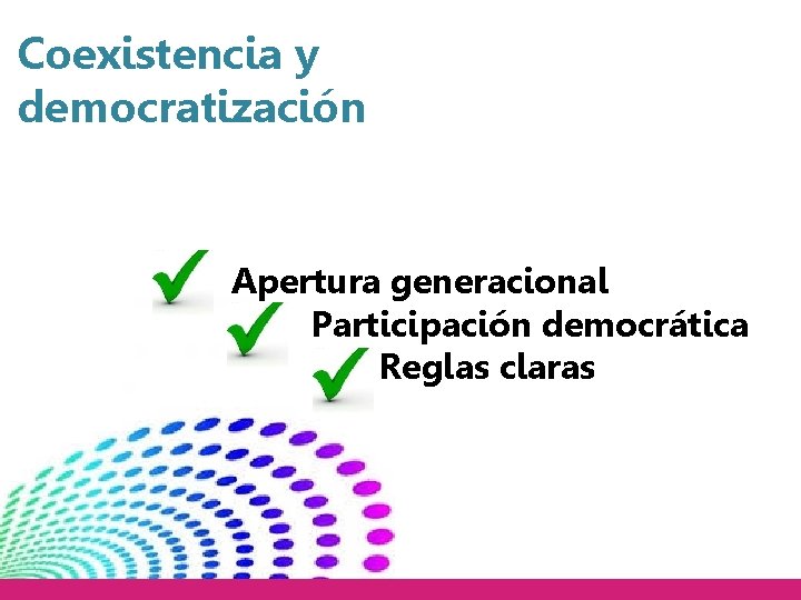 Coexistencia y democratización Apertura generacional Participación democrática Reglas claras 