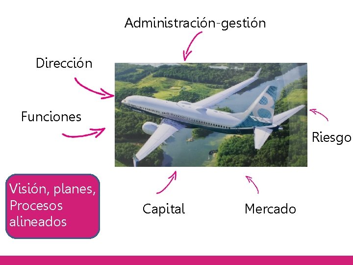 Administración-gestión Dirección Funciones Riesgo Visión, planes, Procesos alineados Capital Mercado 