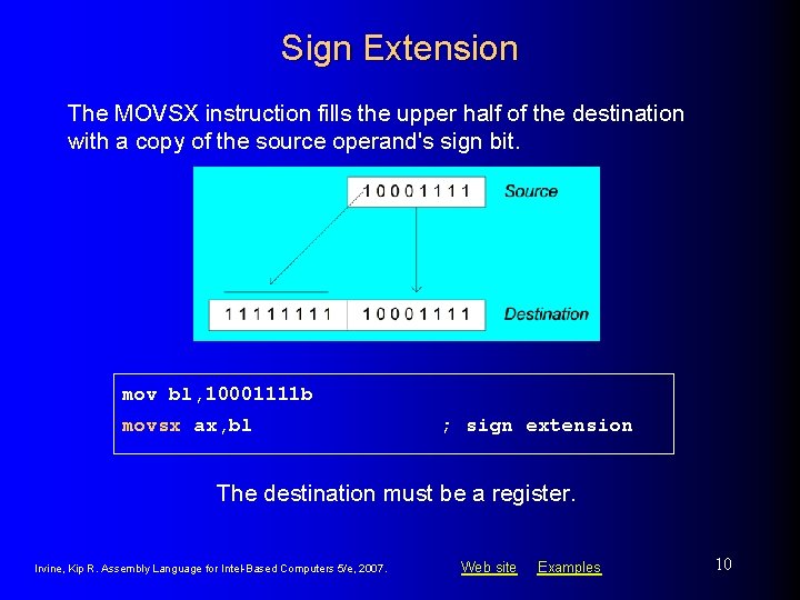 Sign Extension The MOVSX instruction fills the upper half of the destination with a