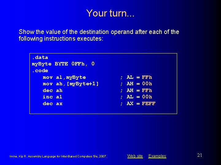 Your turn. . . Show the value of the destination operand after each of