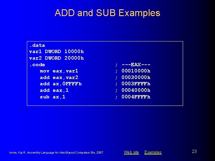ADD and SUB Examples. data var 1 DWORD 10000 h var 2 DWORD 20000