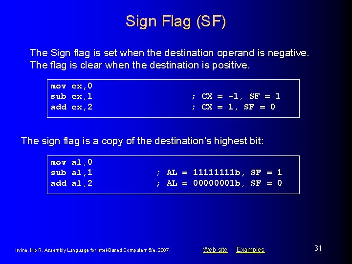 Sign Flag (SF) The Sign flag is set when the destination operand is negative.