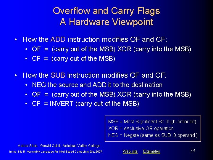 Overflow and Carry Flags A Hardware Viewpoint • How the ADD instruction modifies OF