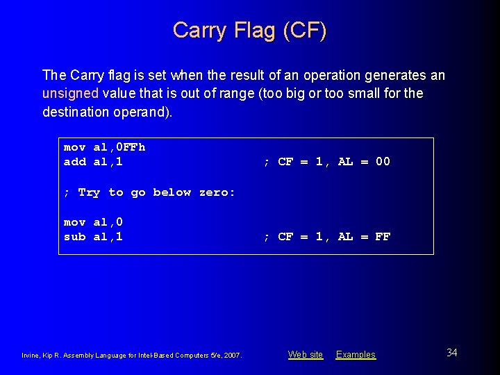 Carry Flag (CF) The Carry flag is set when the result of an operation