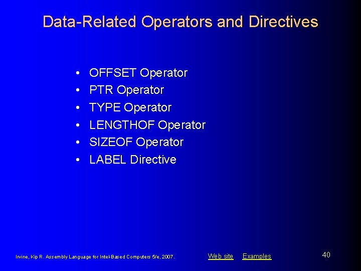Data-Related Operators and Directives • • • OFFSET Operator PTR Operator TYPE Operator LENGTHOF