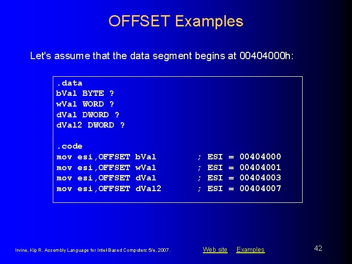OFFSET Examples Let's assume that the data segment begins at 00404000 h: . data