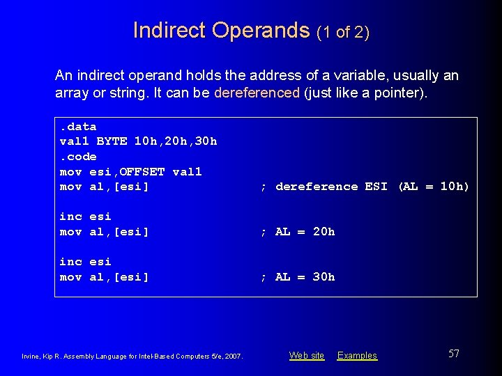 Indirect Operands (1 of 2) An indirect operand holds the address of a variable,