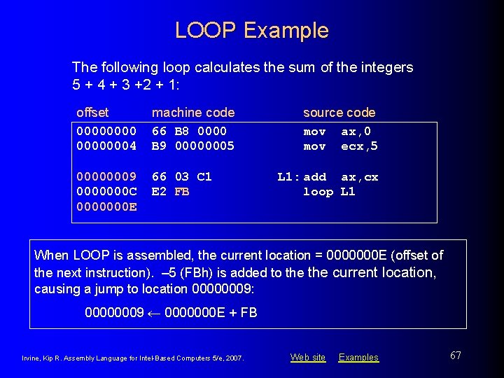 LOOP Example The following loop calculates the sum of the integers 5 + 4