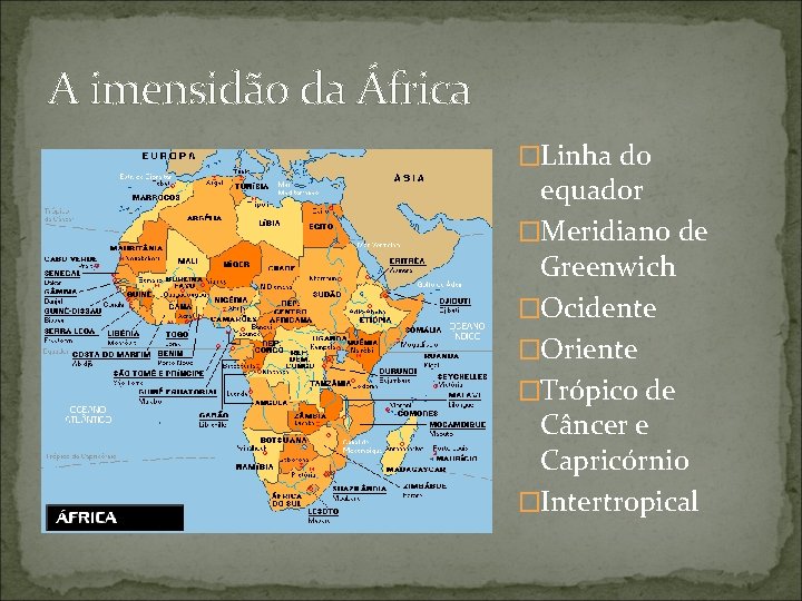 A imensidão da África �Linha do equador �Meridiano de Greenwich �Ocidente �Oriente �Trópico de