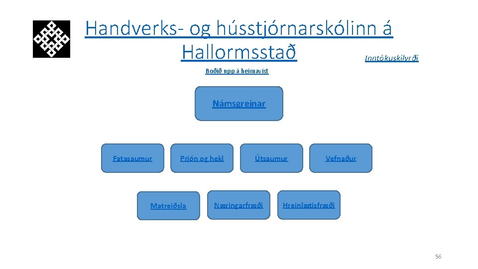 Handverks- og hússtjórnarskólinn á Hallormsstað Inntökuskilyrði Boðið upp á heimavist Námsgreinar Fatasaumur Prjón og