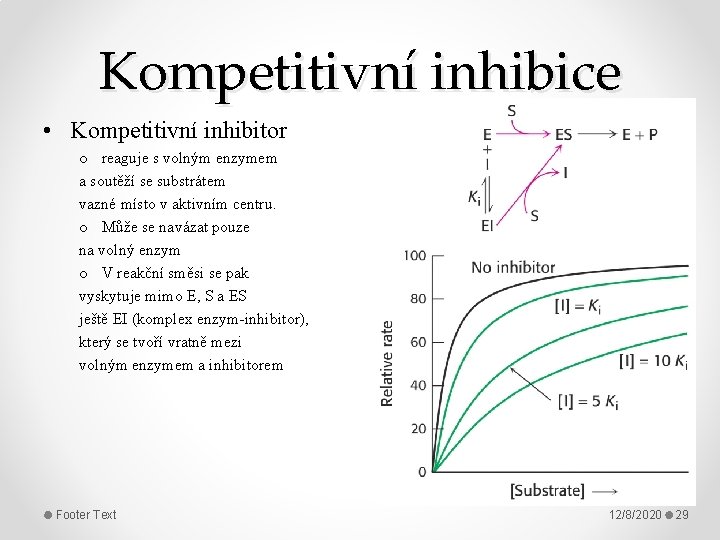 Kompetitivní inhibice • Kompetitivní inhibitor o reaguje s volným enzymem a soutěží se substrátem