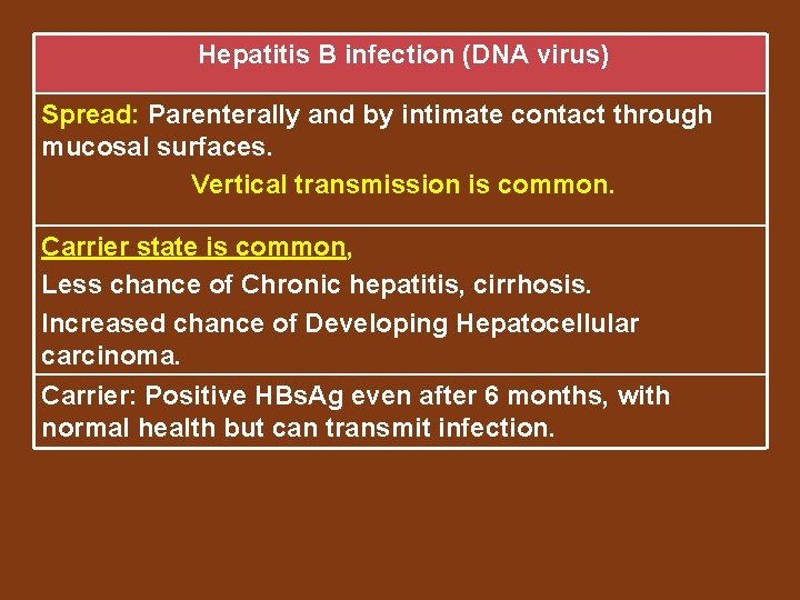 Hepatitis B infection (DNA virus) Spread: Parenterally and by intimate contact through mucosal surfaces.