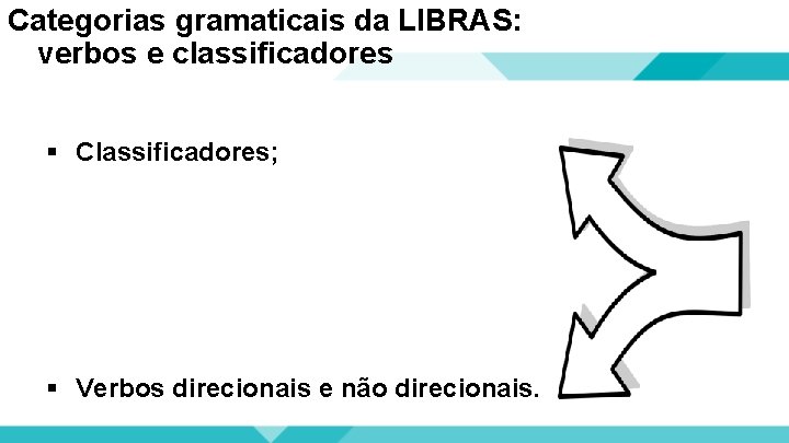 Categorias gramaticais da LIBRAS: verbos e classificadores § Classificadores; § Verbos direcionais e não