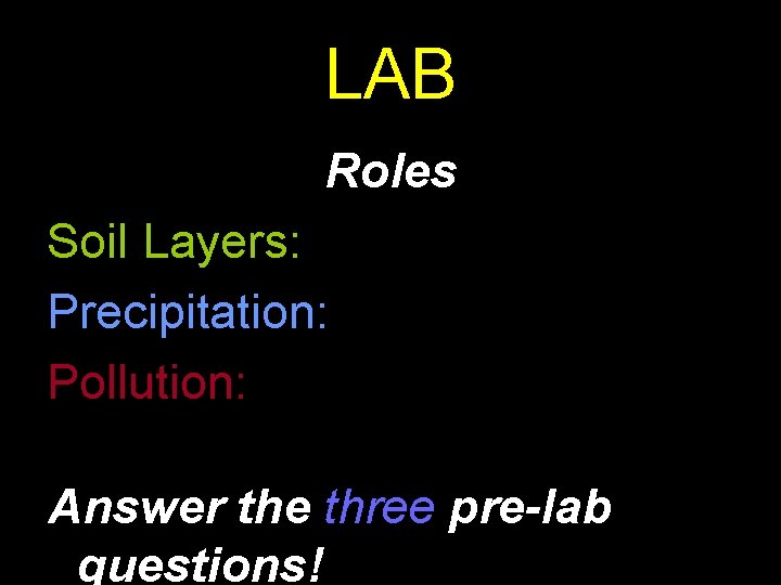 LAB Roles Soil Layers: Precipitation: Pollution: Answer the three pre-lab questions! 20 