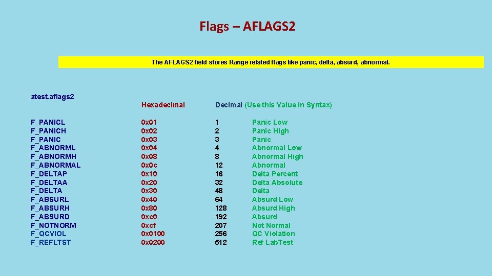 Flags – AFLAGS 2 The AFLAGS 2 field stores Range related flags like panic,