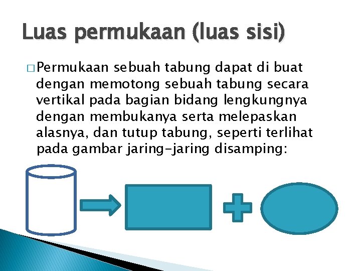 Luas permukaan (luas sisi) � Permukaan sebuah tabung dapat di buat dengan memotong sebuah