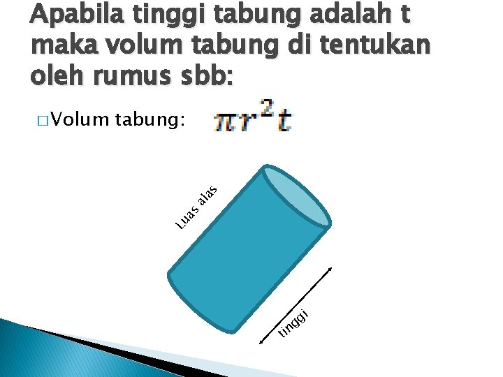 Apabila tinggi tabung adalah t maka volum tabung di tentukan oleh rumus sbb: as