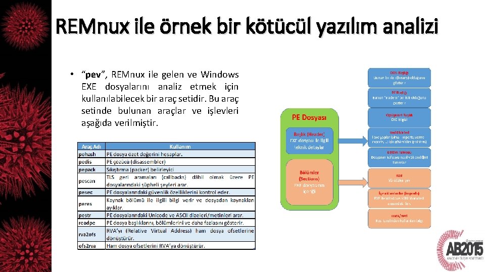 REMnux ile örnek bir kötücül yazılım analizi • “pev”, REMnux ile gelen ve Windows