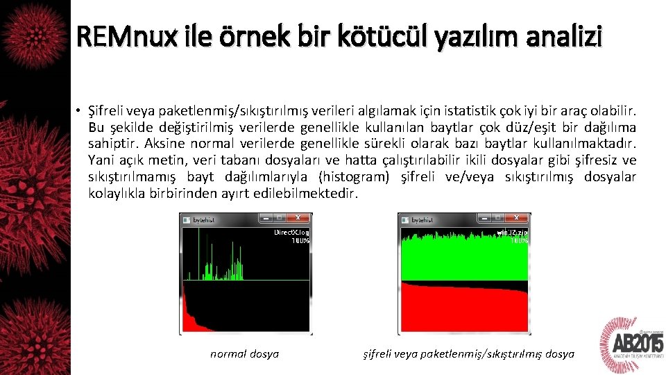 REMnux ile örnek bir kötücül yazılım analizi • Şifreli veya paketlenmiş/sıkıştırılmış verileri algılamak için