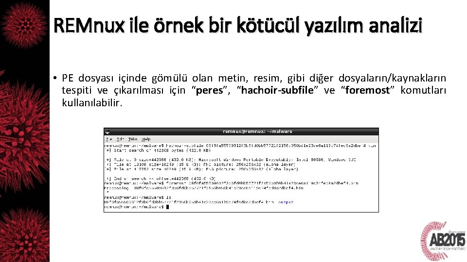 REMnux ile örnek bir kötücül yazılım analizi • PE dosyası içinde gömülü olan metin,