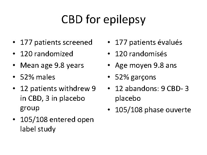 CBD for epilepsy 177 patients screened 120 randomized Mean age 9. 8 years 52%