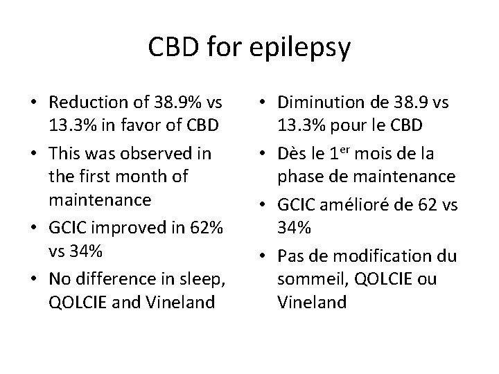 CBD for epilepsy • Reduction of 38. 9% vs 13. 3% in favor of