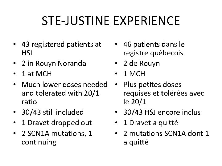 STE-JUSTINE EXPERIENCE • 43 registered patients at HSJ • 2 in Rouyn Noranda •