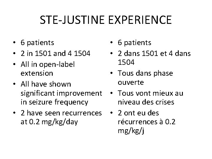 STE-JUSTINE EXPERIENCE • 6 patients • 2 in 1501 and 4 1504 • All