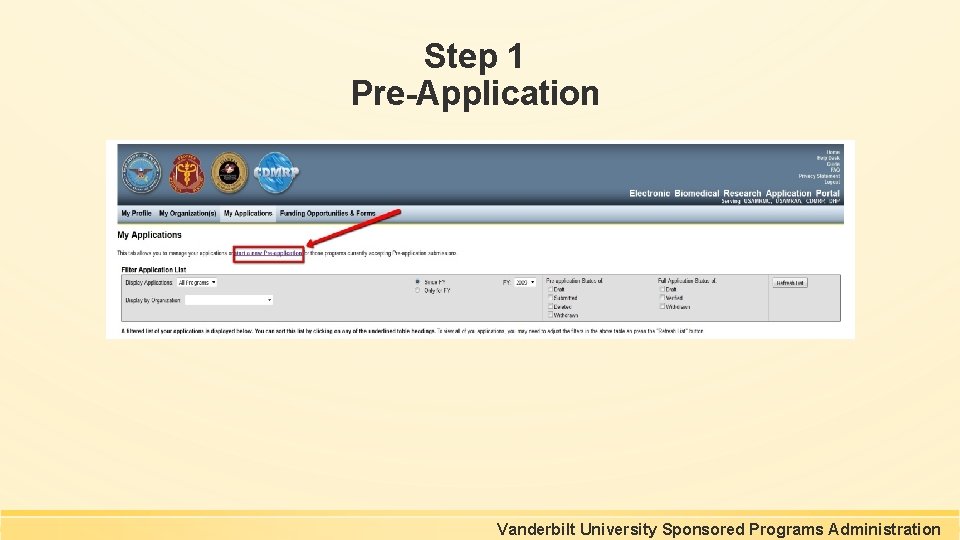 Step 1 Pre-Application Vanderbilt University Sponsored Programs Administration Step 1 Pre-Application Vanderbilt University Sponsored Programs Administration