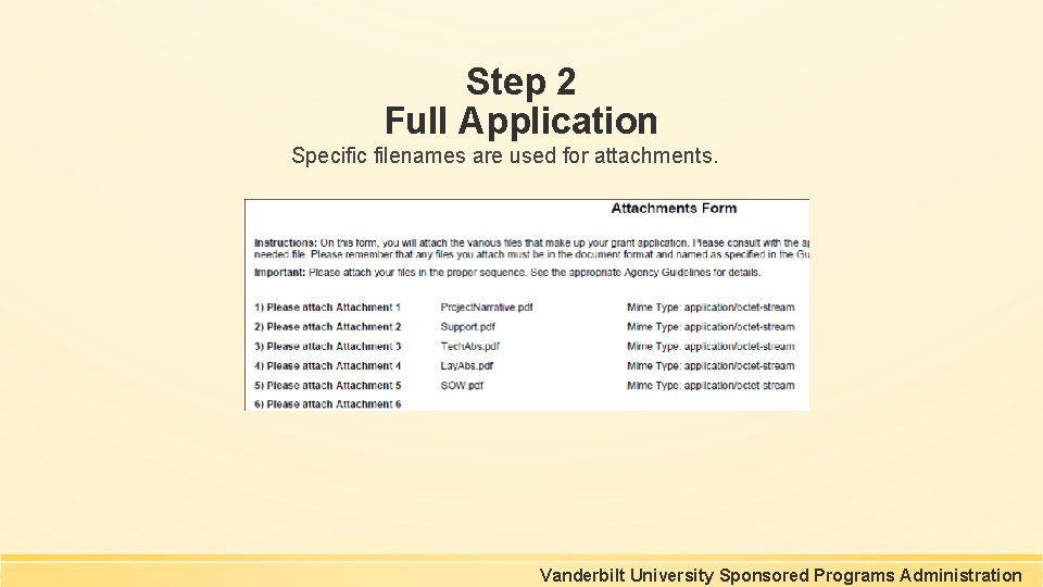 Step 2 Full Application Specific filenames are used for attachments. Vanderbilt University Sponsored Programs Step 2 Full Application Specific filenames are used for attachments. Vanderbilt University Sponsored Programs