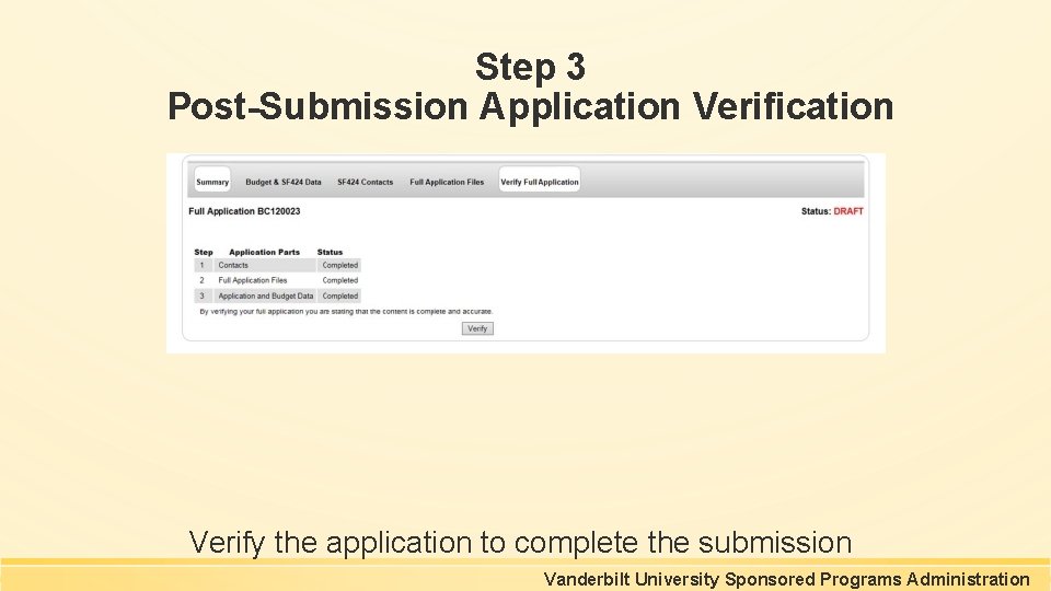 Step 3 Post-Submission Application Verify the application to complete the submission Vanderbilt University Sponsored Step 3 Post-Submission Application Verify the application to complete the submission Vanderbilt University Sponsored