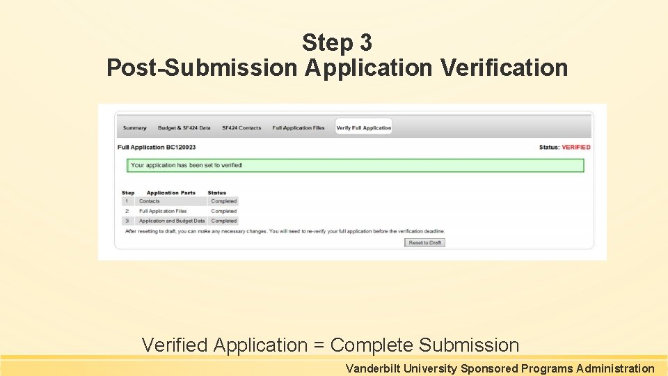 Step 3 Post-Submission Application Verified Application = Complete Submission Vanderbilt University Sponsored Programs Administration Step 3 Post-Submission Application Verified Application = Complete Submission Vanderbilt University Sponsored Programs Administration