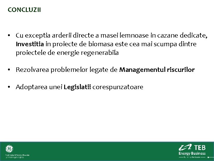 CONCLUZII • Cu exceptia arderii directe a masei lemnoase in cazane dedicate, Investitia in