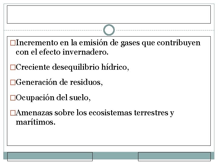 �Incremento en la emisión de gases que contribuyen con el efecto invernadero. �Creciente desequilibrio