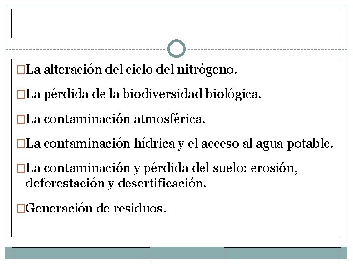 �La alteración del ciclo del nitrógeno. �La pérdida de la biodiversidad biológica. �La contaminación