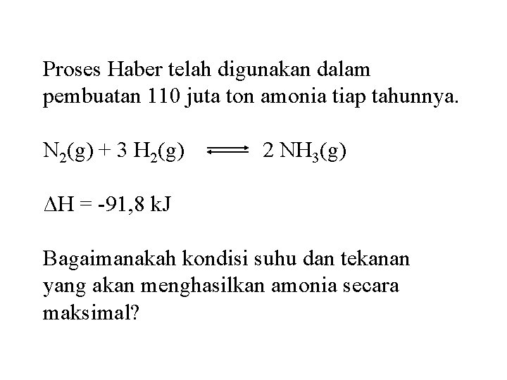 Proses Haber telah digunakan dalam pembuatan 110 juta ton amonia tiap tahunnya. N 2(g)